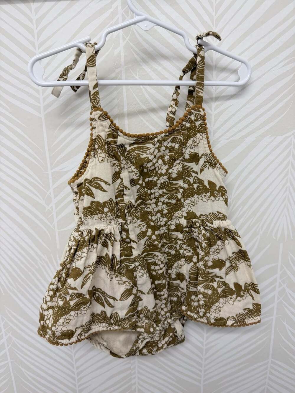 Kate Quinn Tie Strap Peplum Shortie Romper in Fern Floral Organic Cotton 18/24